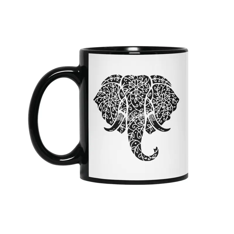 Ornate Elephant (Black on White) Siyah Kupa