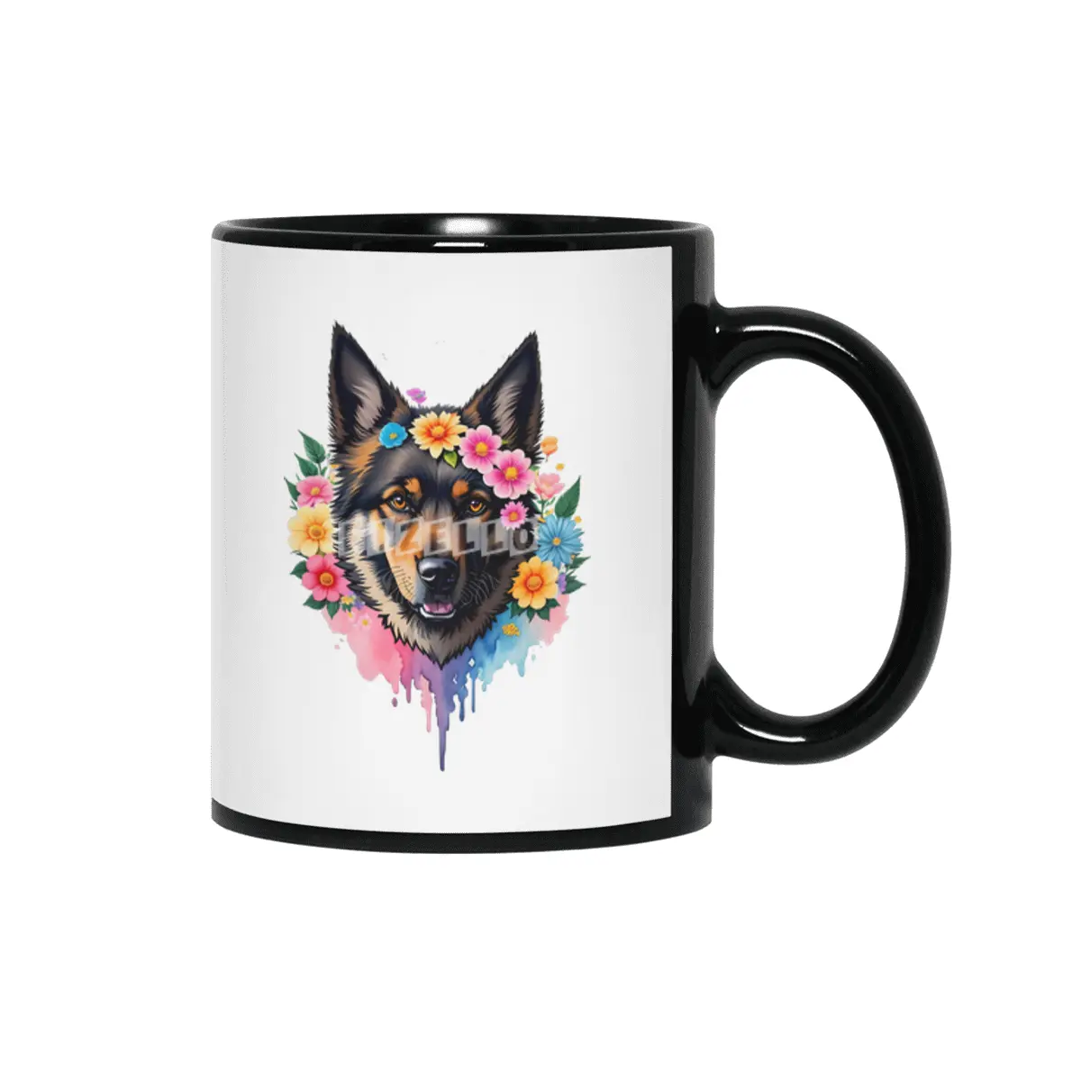 Cute Retro German Shepard Dog with Colorful Flowers Siyah Kupa