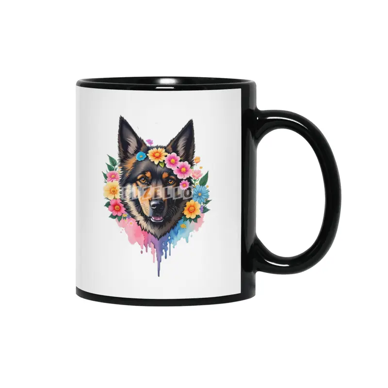 Cute Retro German Shepard Dog with Colorful Flowers Siyah Kupa