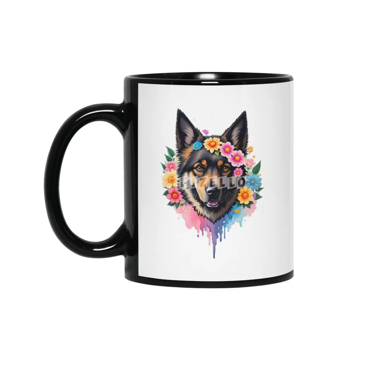 Cute Retro German Shepard Dog with Colorful Flowers Siyah Kupa