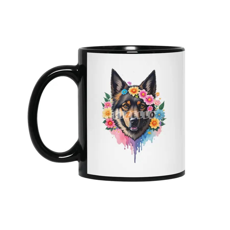Cute Retro German Shepard Dog with Colorful Flowers Siyah Kupa