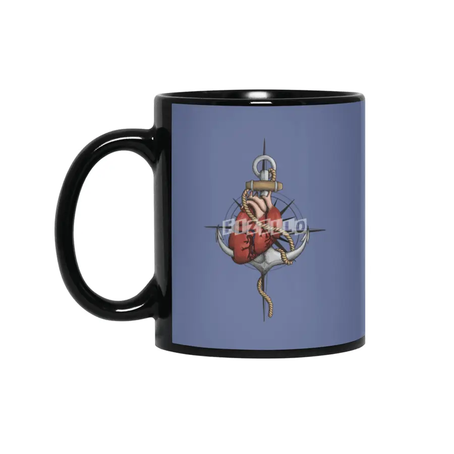 Love and Sea (anchor with heart and compass) Siyah Kupa