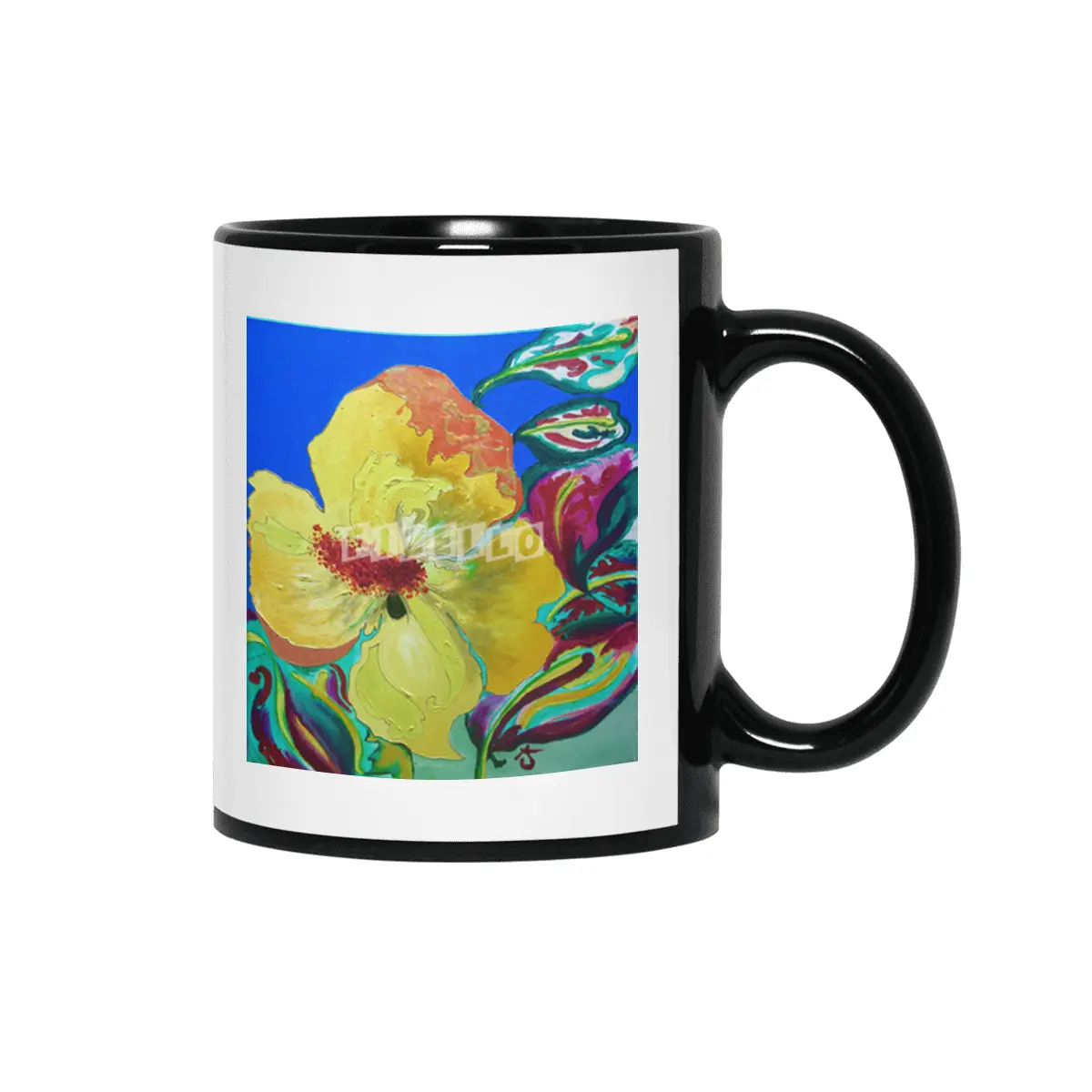 Birthday Acrylic Yellow Orange Hibiscus Flower Painting with Red and Green Leaves Siyah Kupa