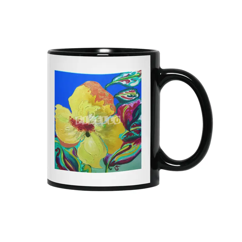 Birthday Acrylic Yellow Orange Hibiscus Flower Painting with Red and Green Leaves Siyah Kupa