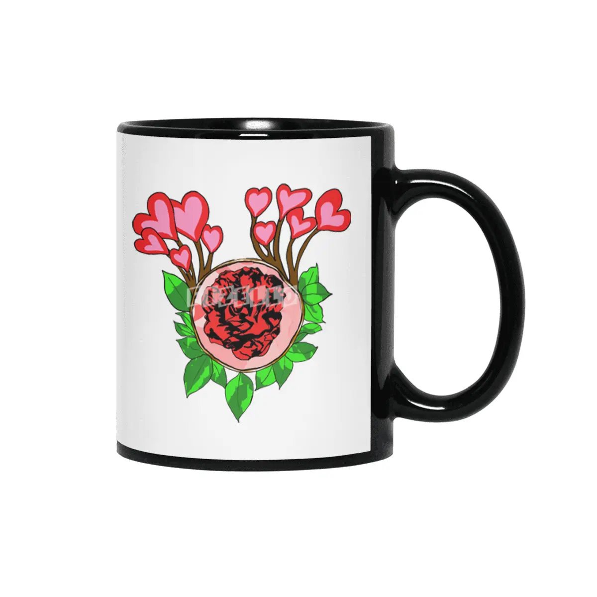 A Flower and Hearts Siyah Kupa