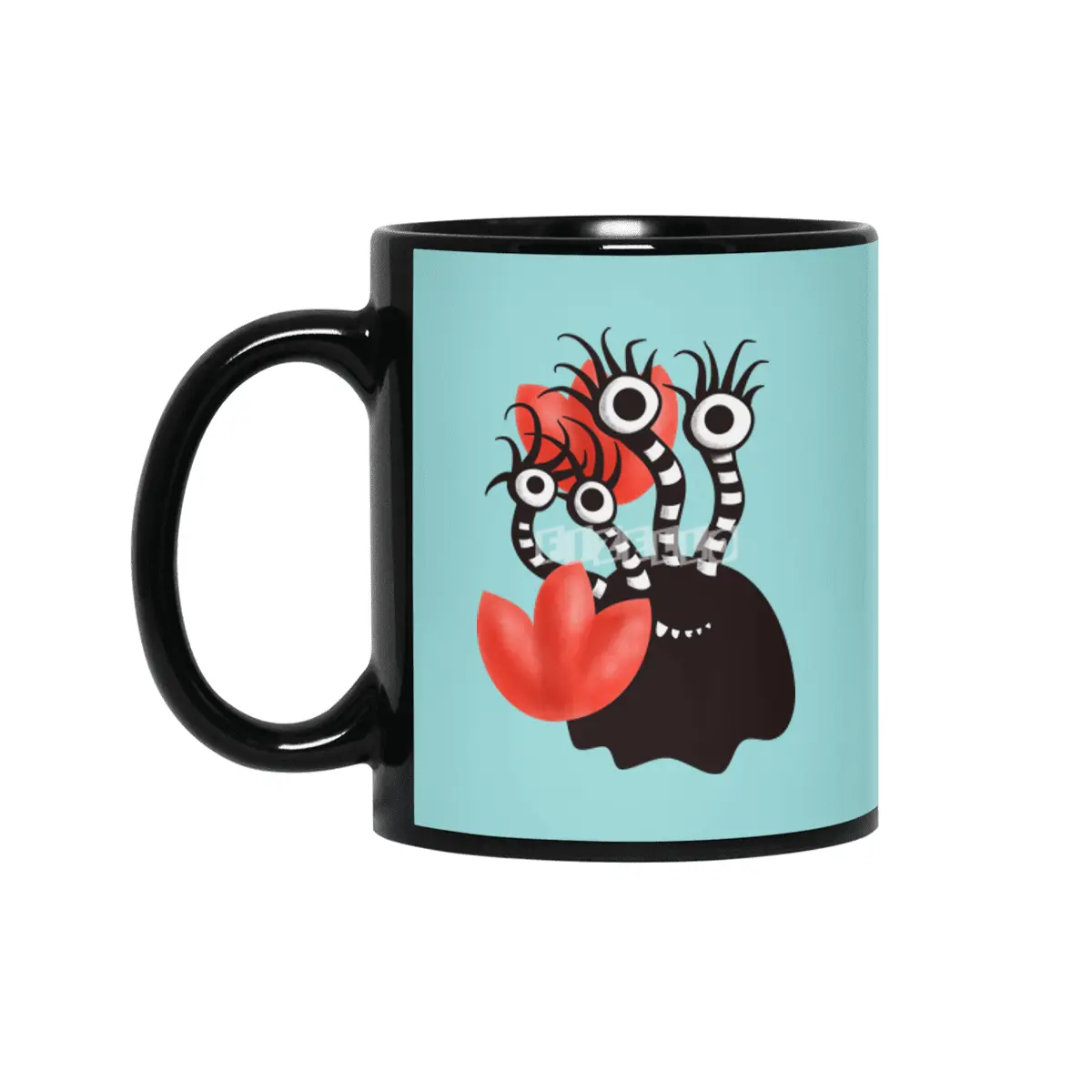 Cute Black Monster With Abstract Tulips Siyah Kupa