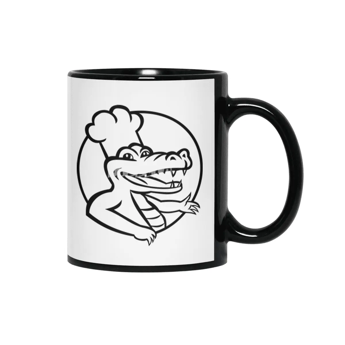 Happy Chef Alligator Gator or Crocodile Wearing Chef Hat Circle Mascot Retro Black and White Siyah Kupa