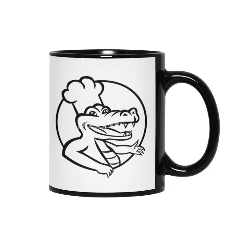 Happy Chef Alligator Gator or Crocodile Wearing Chef Hat Circle Mascot Retro Black and White Siyah Kupa