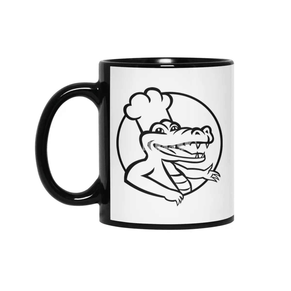 Happy Chef Alligator Gator or Crocodile Wearing Chef Hat Circle Mascot Retro Black and White Siyah Kupa