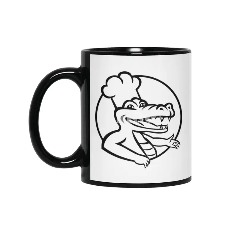 Happy Chef Alligator Gator or Crocodile Wearing Chef Hat Circle Mascot Retro Black and White Siyah Kupa