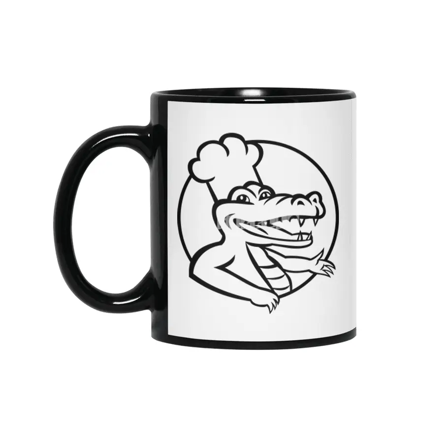 Happy Chef Alligator Gator or Crocodile Wearing Chef Hat Circle Mascot Retro Black and White Siyah Kupa