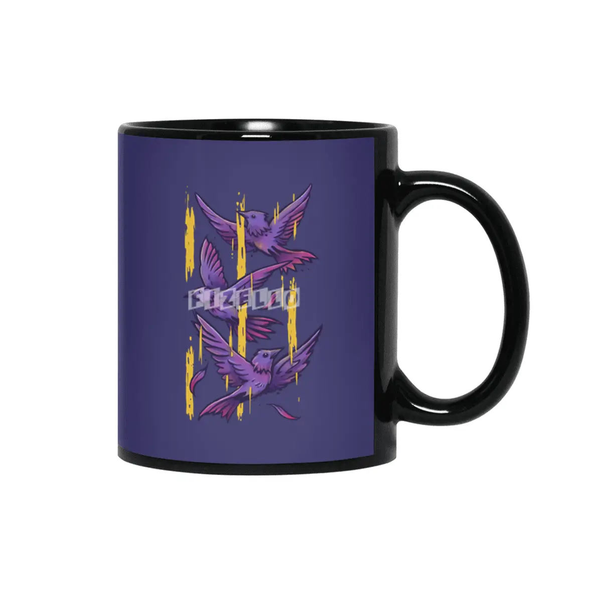 Purple Birds In Golden Rain Siyah Kupa