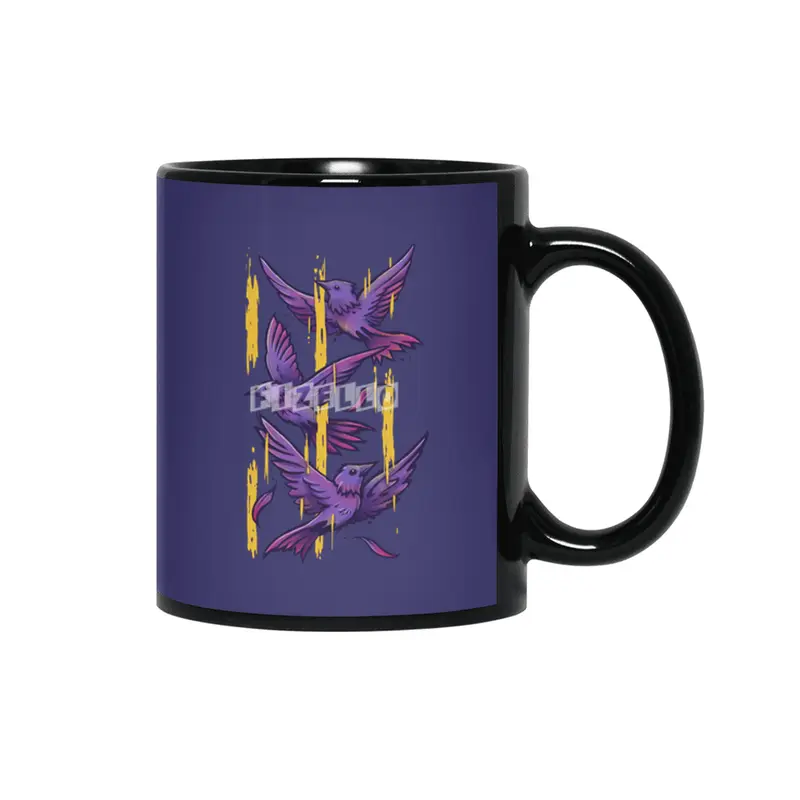 Purple Birds In Golden Rain Siyah Kupa