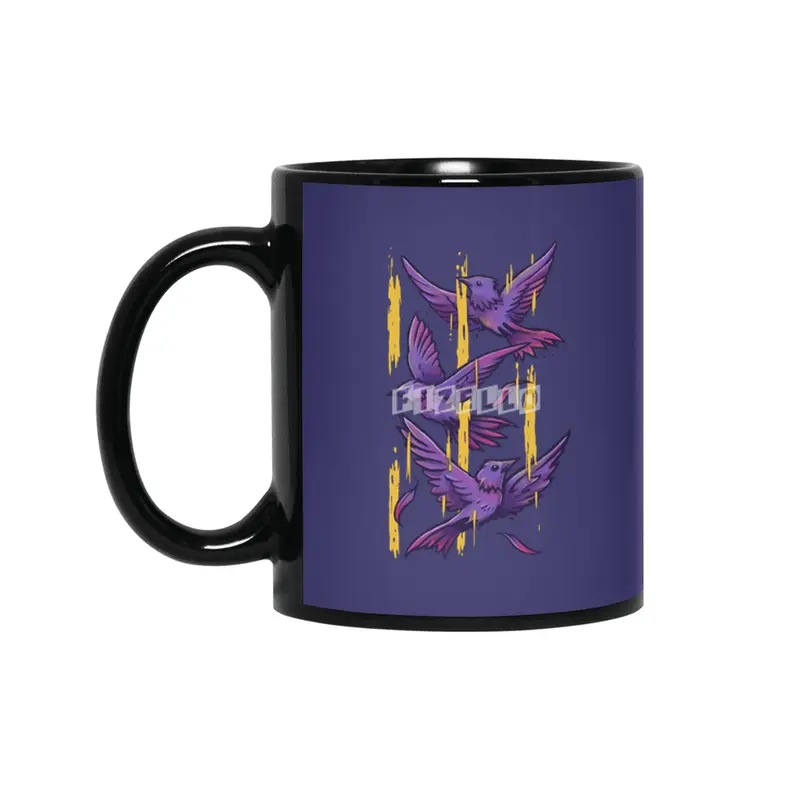 Purple Birds In Golden Rain Siyah Kupa