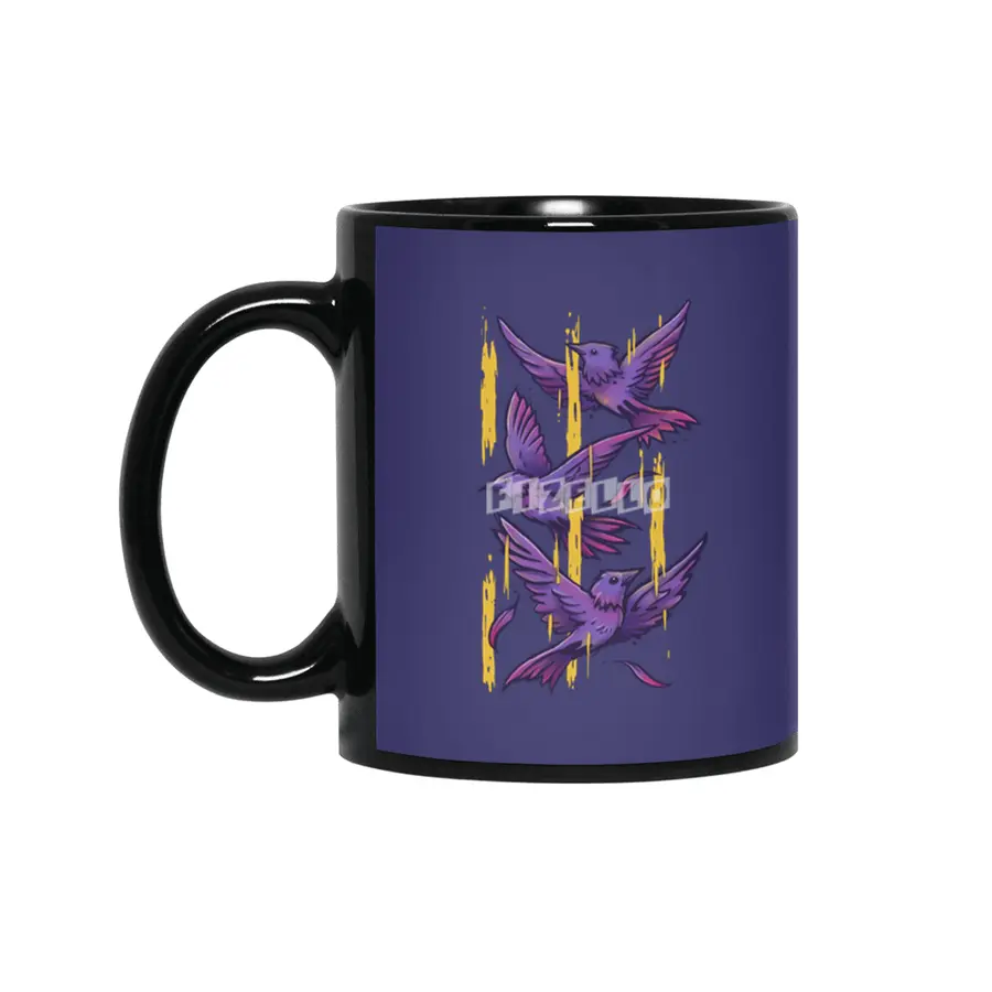 Purple Birds In Golden Rain Siyah Kupa