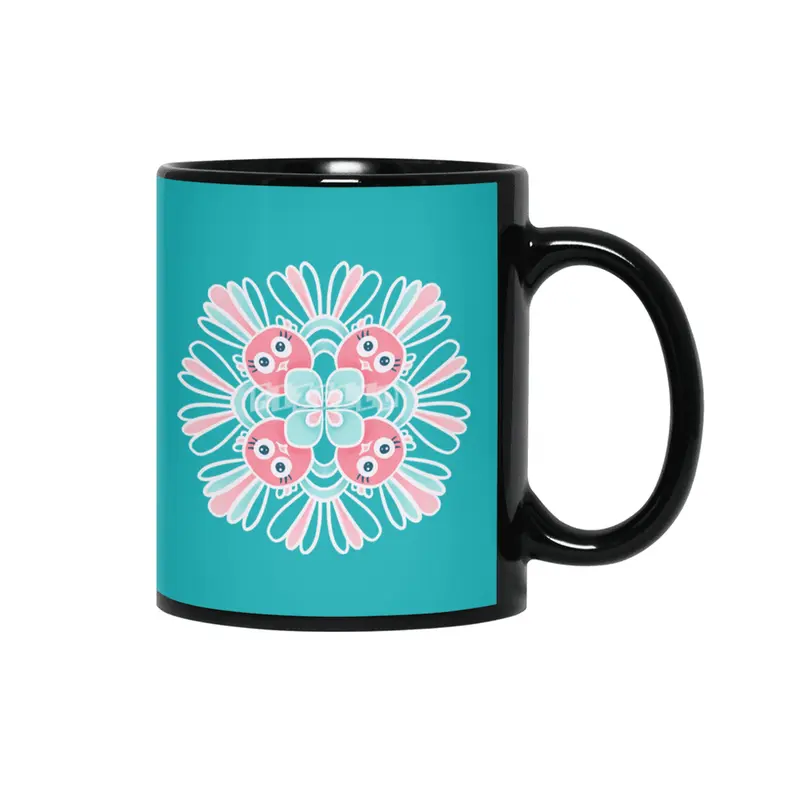 Cute Birds Flower Mandala Siyah Kupa