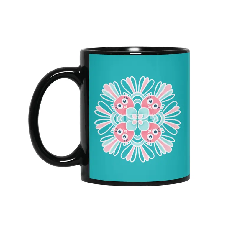 Cute Birds Flower Mandala Siyah Kupa