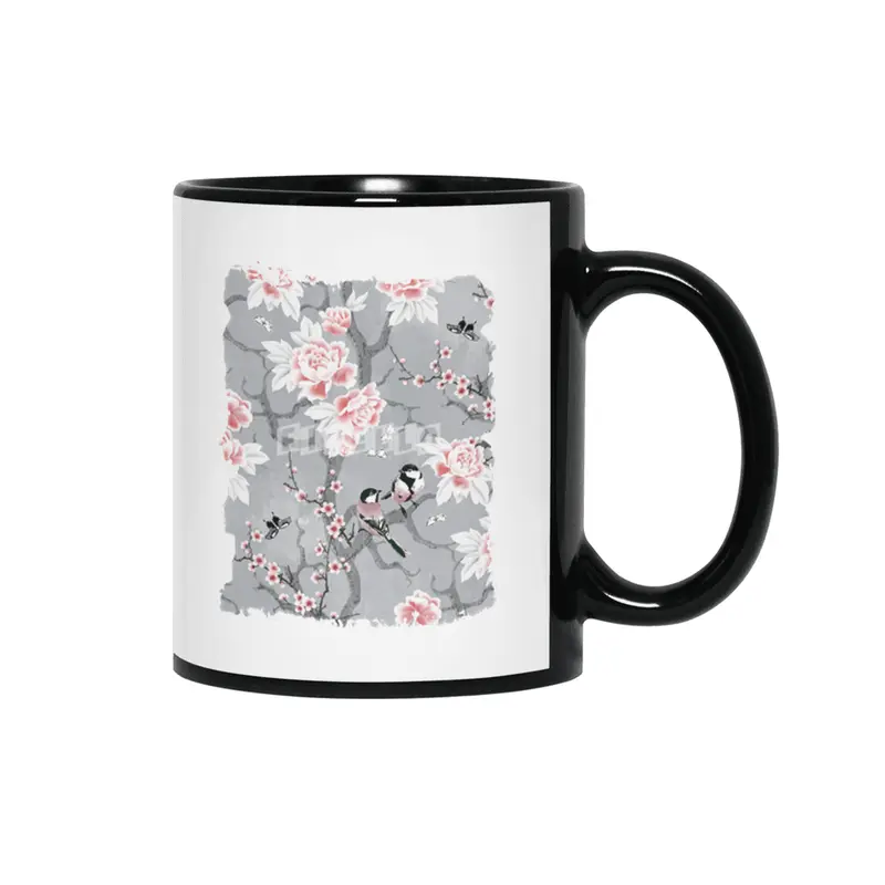 Chinoiserie birds in grey Siyah Kupa