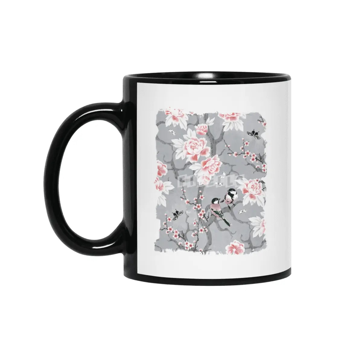 Chinoiserie birds in grey Siyah Kupa