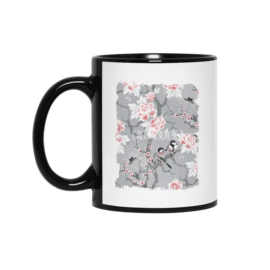 Chinoiserie birds in grey Siyah Kupa