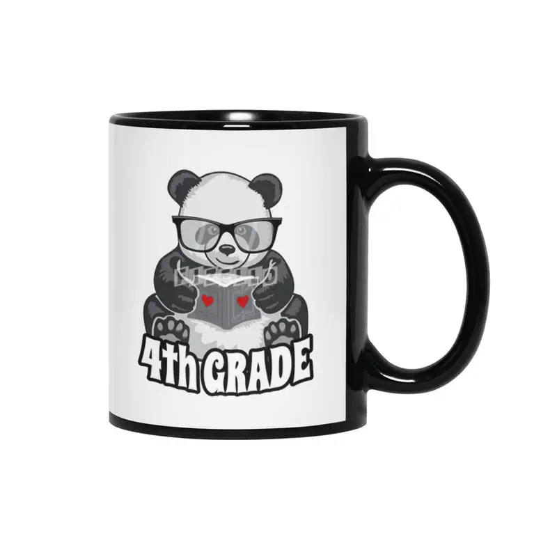 4th Grade Back To School Panda Book Reader Teacher Heart Siyah Kupa