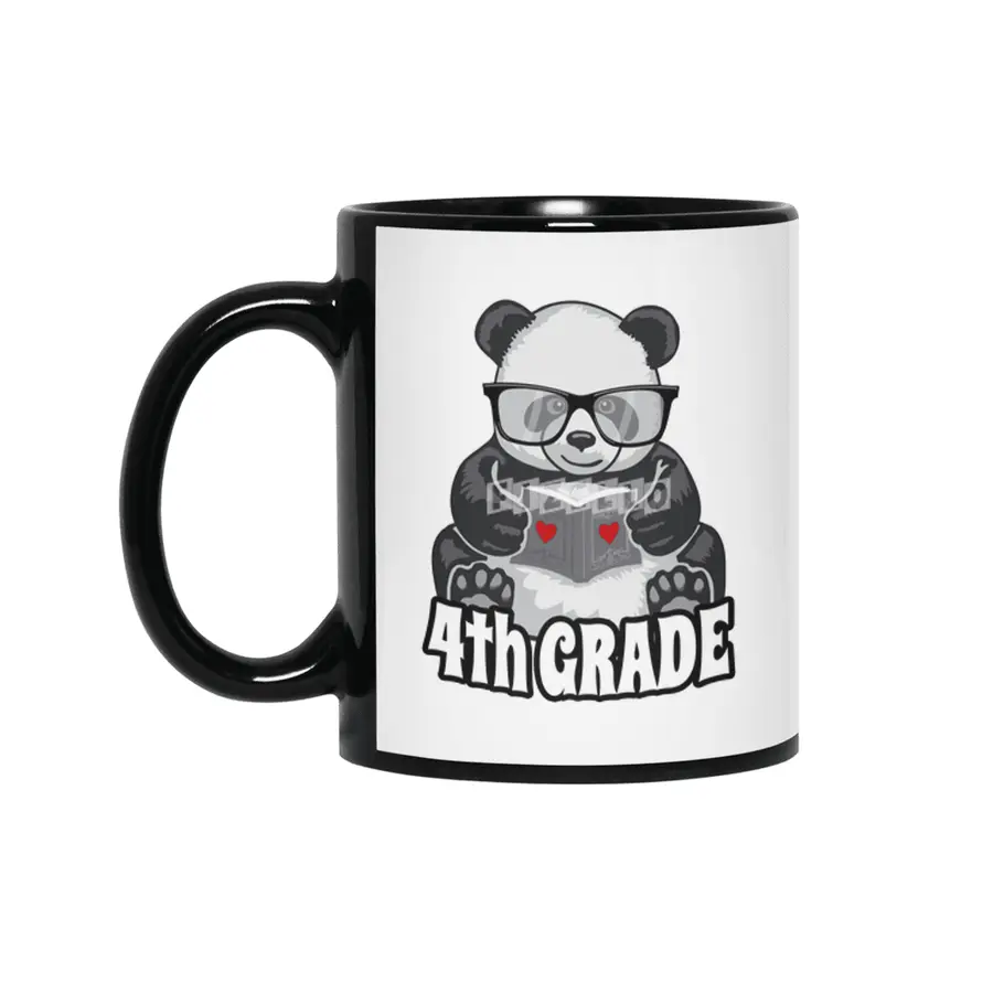 4th Grade Back To School Panda Book Reader Teacher Heart Siyah Kupa