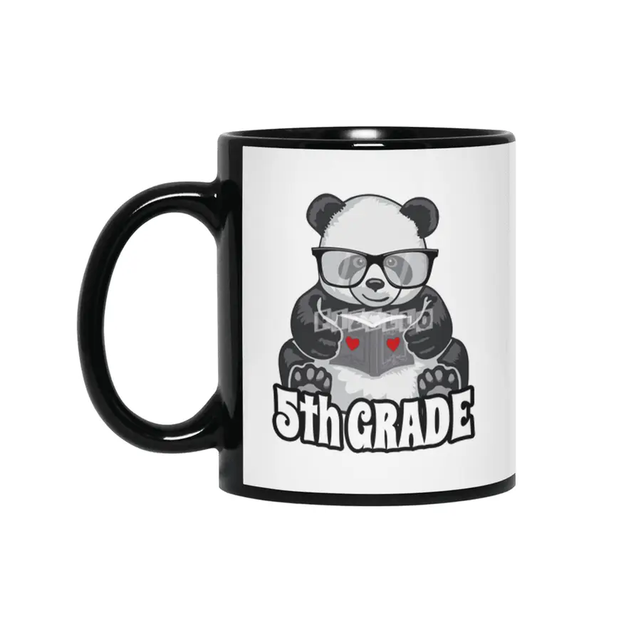 5th Grade Back To School Panda Book Reader Teacher Heart Siyah Kupa