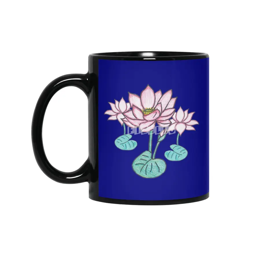 Beautiful Hand Drawn Lotus Flowers Siyah Kupa