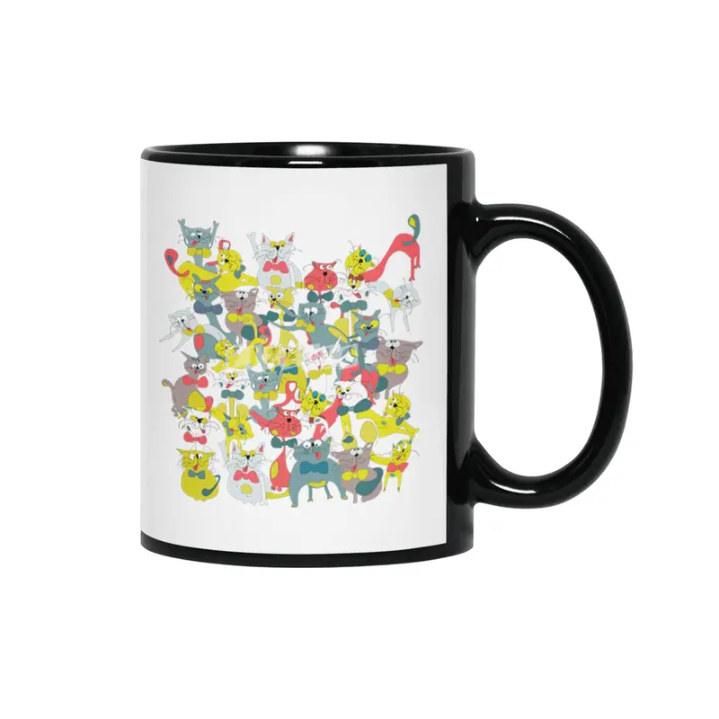 Funny doodle colorful cats.Seamless pattern with funny hand drawn cats Siyah Kupa