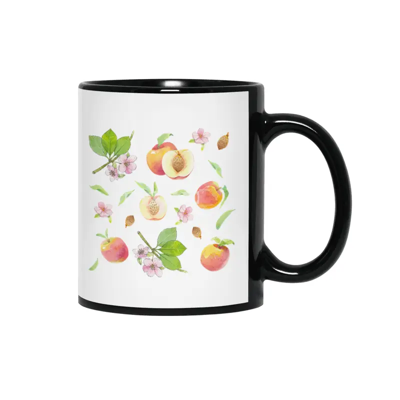 Peach fruit watercolor - Hand drawn ripe fruits Siyah Kupa