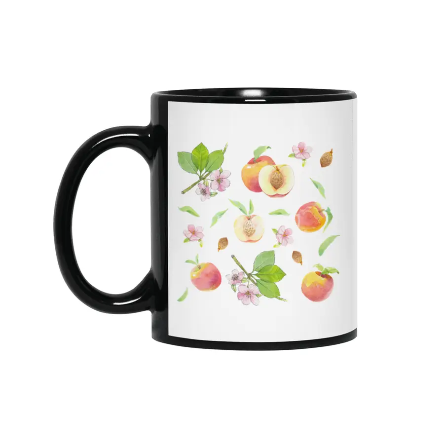 Peach fruit watercolor - Hand drawn ripe fruits Siyah Kupa