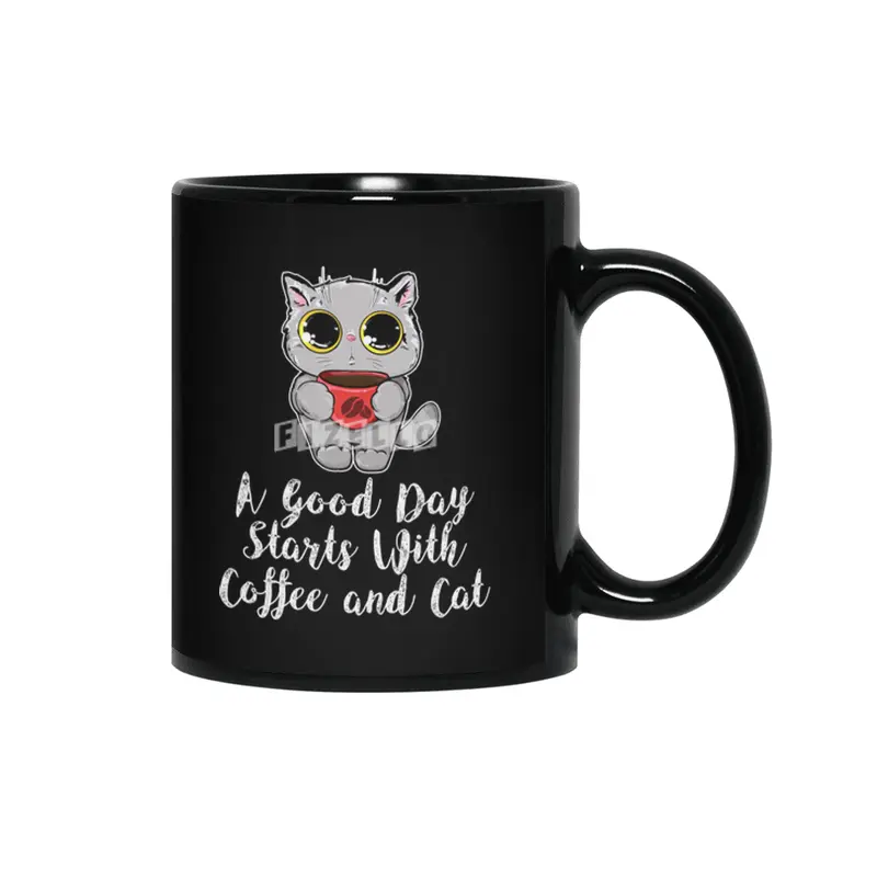 A Good Day Starts With Coffee and Cat Cute Kitty Lovers Siyah Kupa