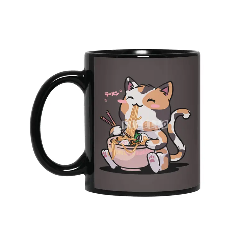 Kawaii Neko Cat Ramen Bowl Anime Otaku Color Cat Siyah Kupa