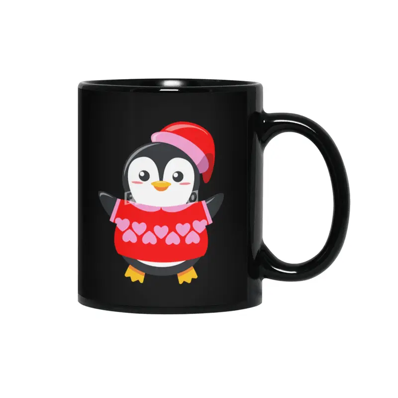 Cute Penguin with a heart sweater and hat Siyah Kupa