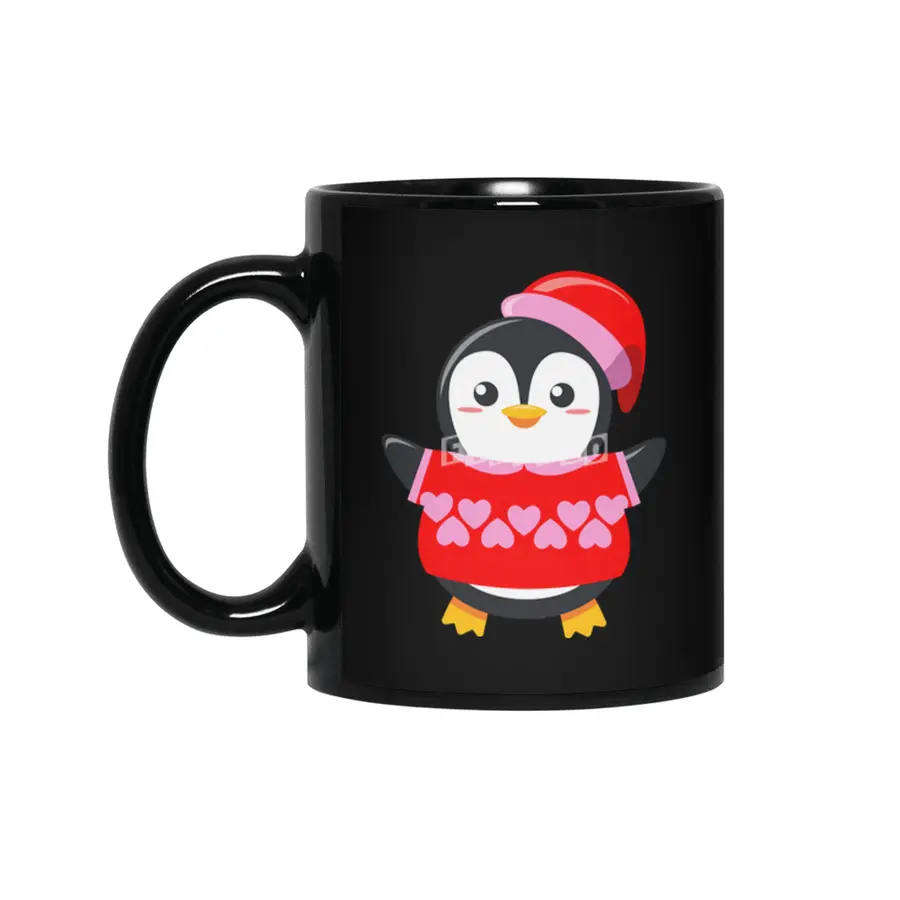 Cute Penguin with a heart sweater and hat Siyah Kupa