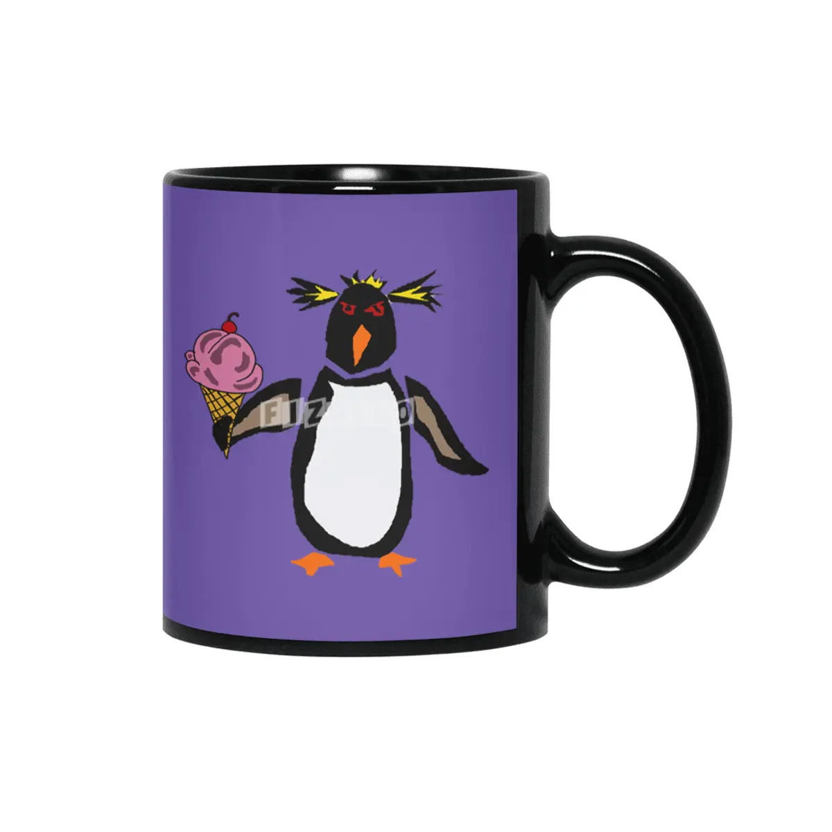 Funny Rockhopper Penguin eating Ice Cream Cone Siyah Kupa