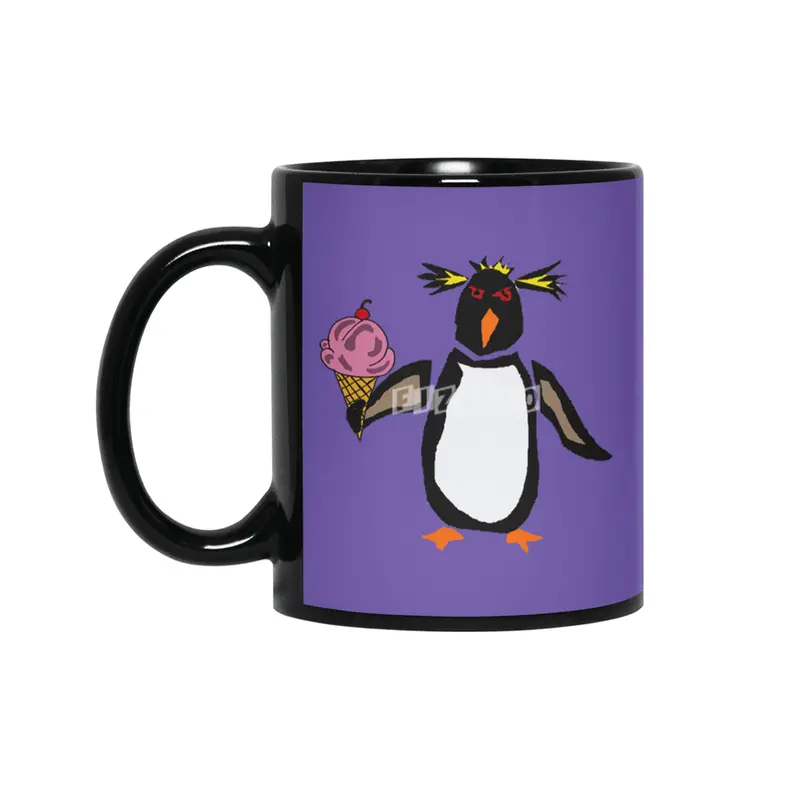 Funny Rockhopper Penguin eating Ice Cream Cone Siyah Kupa