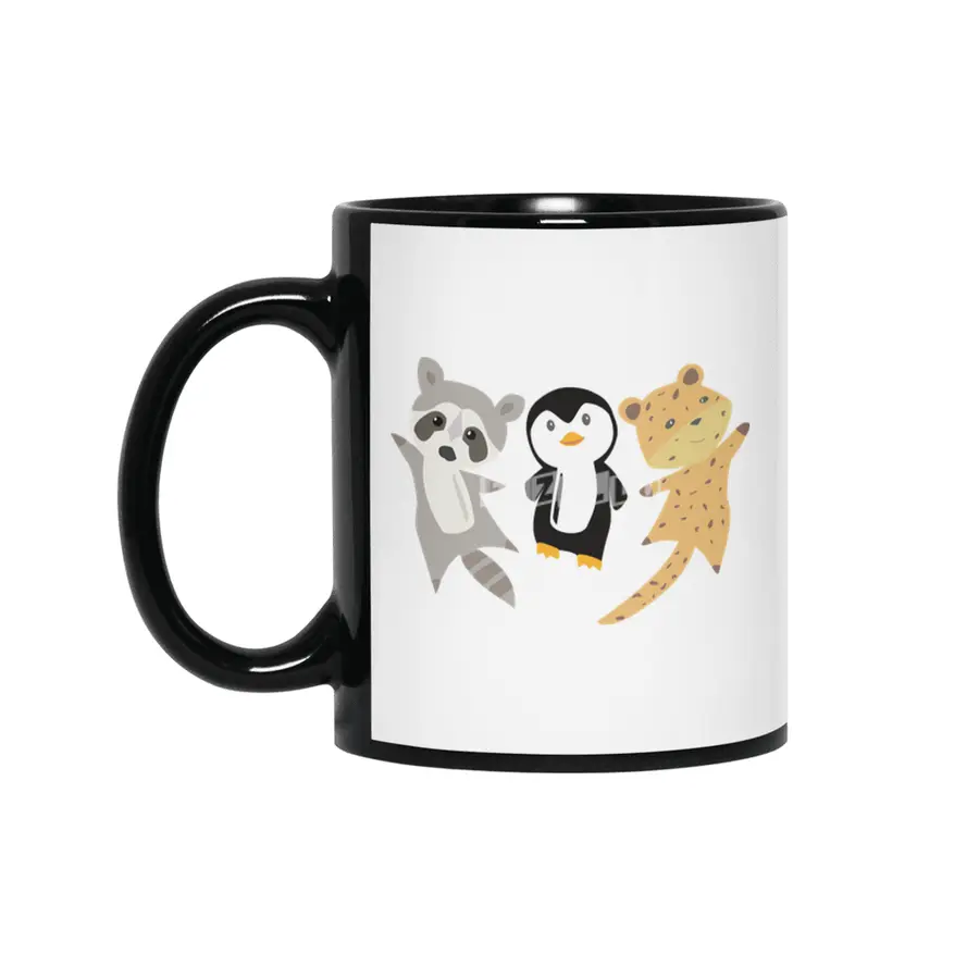 Leopard Penguin Raccoon Cute Animals Siyah Kupa