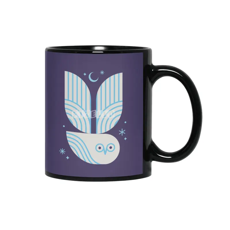 Snowy Owl with Moon and Stars Siyah Kupa