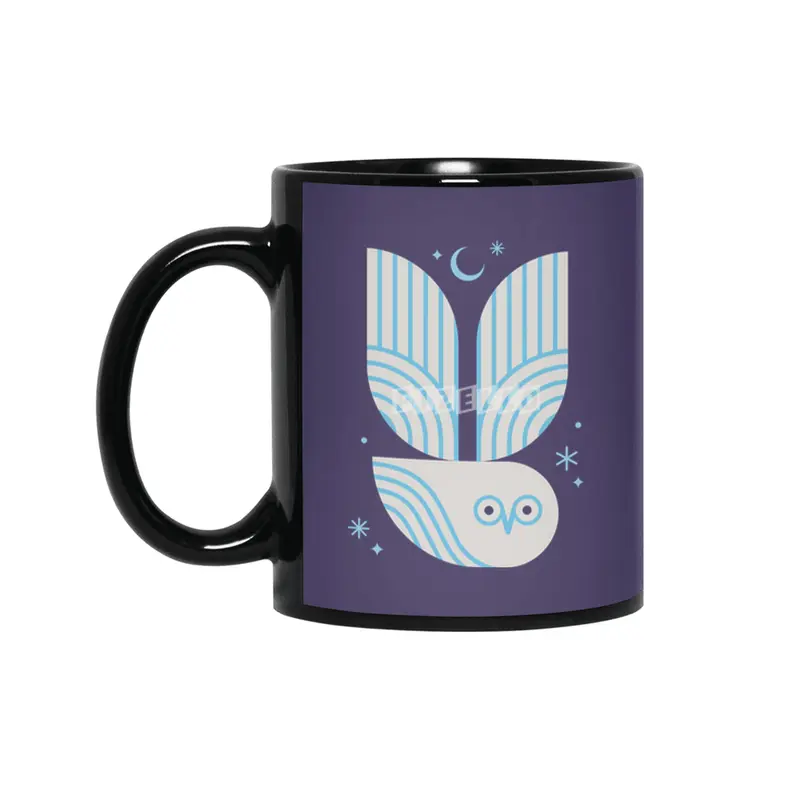Snowy Owl with Moon and Stars Siyah Kupa