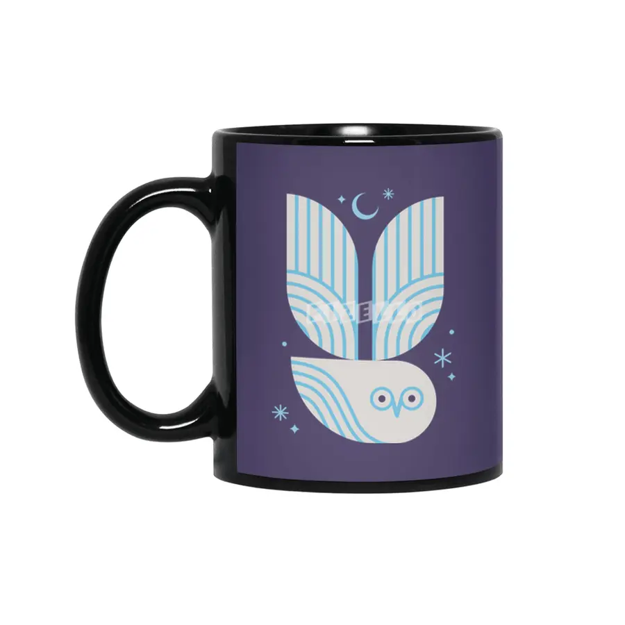 Snowy Owl with Moon and Stars Siyah Kupa