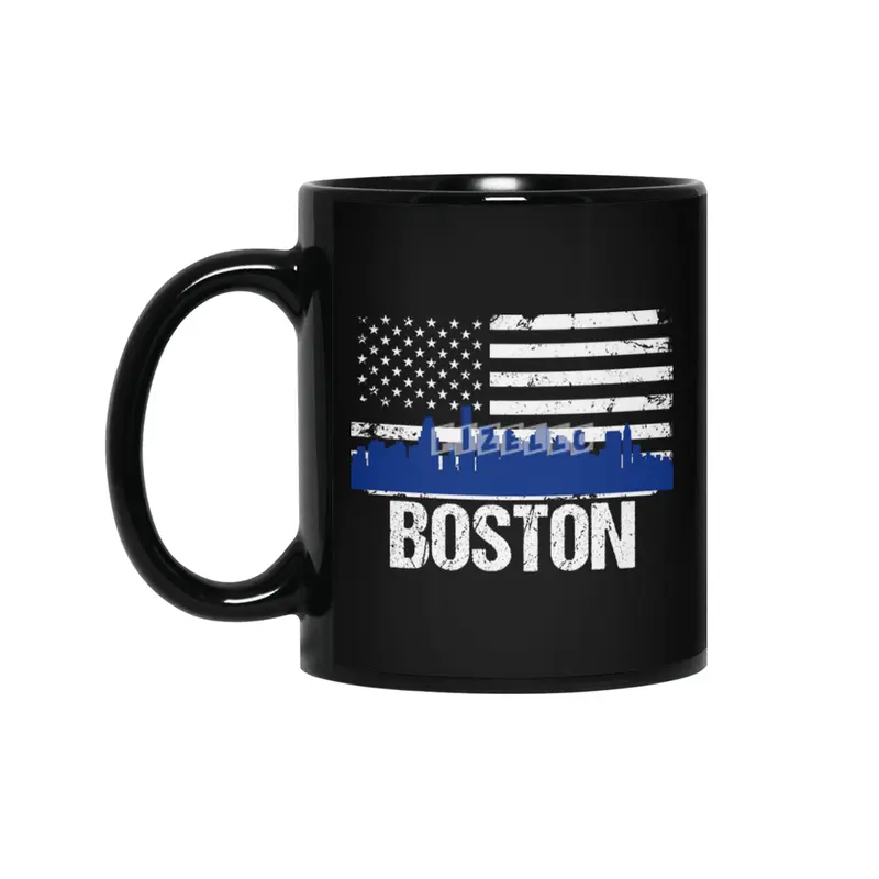 Boston Skyline Silhouette on Distressed American Flag Siyah Kupa