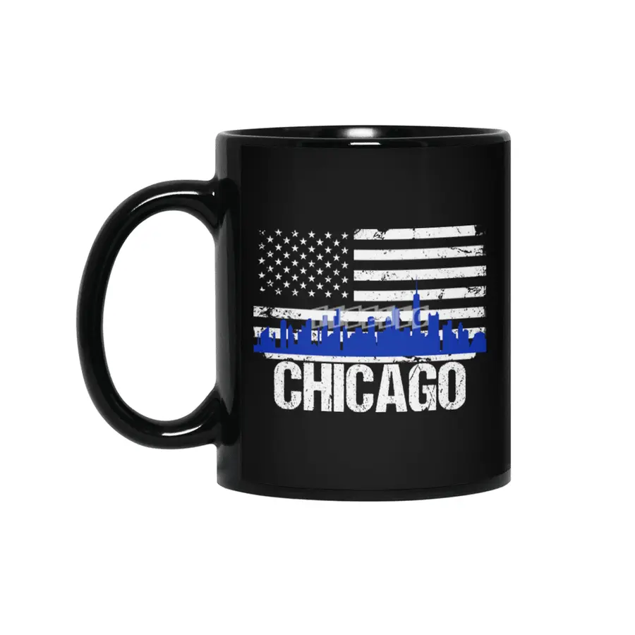 Chicago Skyline Silhouette on Distressed American Flag Siyah Kupa