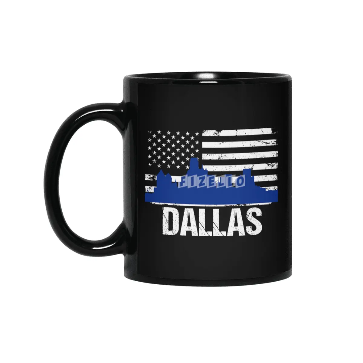 Dallas Skyline Silhouette on Distressed American Flag Siyah Kupa