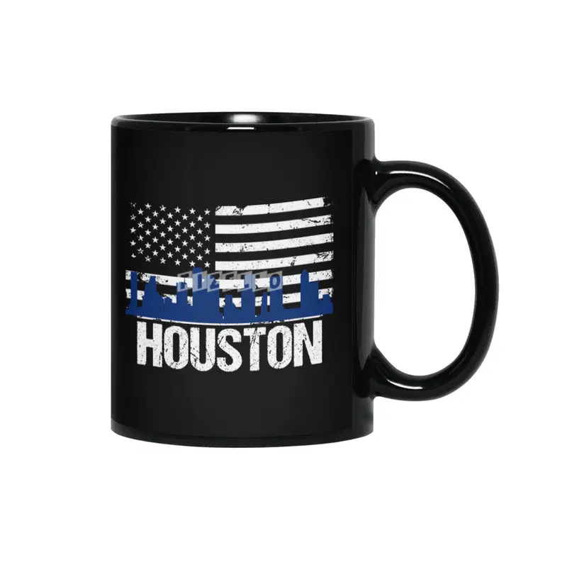 Houston Skyline Silhouette on Distressed American Flag Siyah Kupa