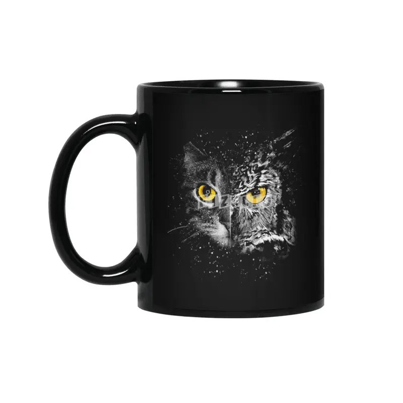Cat and owl face Siyah Kupa