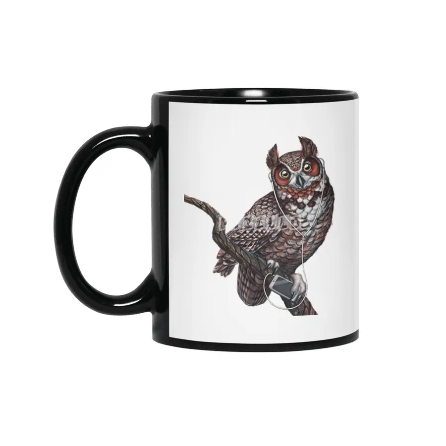 Great Horned Owl with Headphones  Siyah Kupa