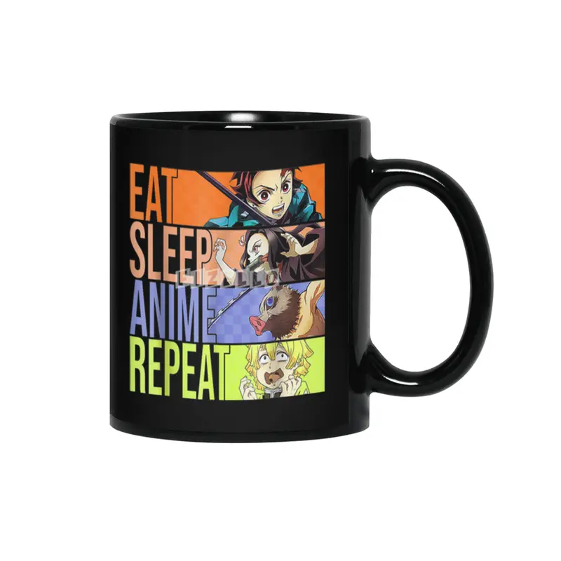 Graphic Slayer Demon Anime Eat Sleep Anime Repeat T-Shirt Siyah Kupa