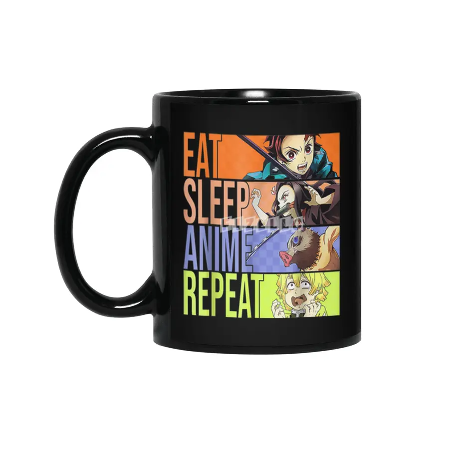 Graphic Slayer Demon Anime Eat Sleep Anime Repeat T-Shirt Siyah Kupa