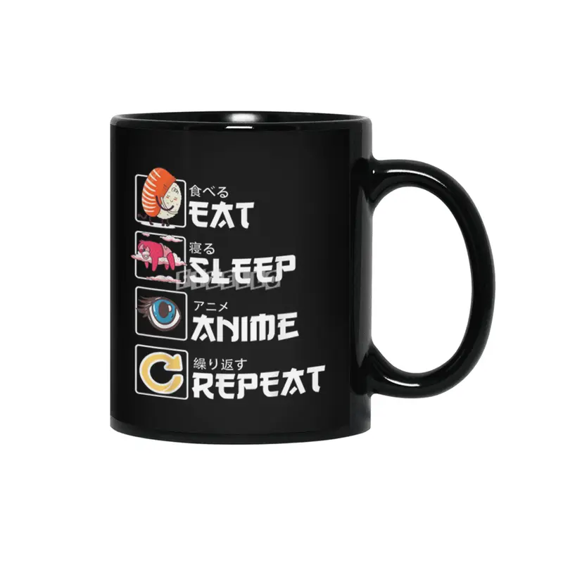 Kawaii Manga Sushi - Eat Sleep Anime Repeat - Cute Anime Siyah Kupa
